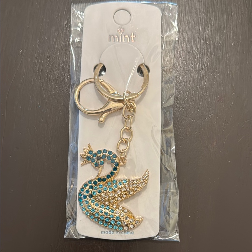 Mint Gold and Blue Peacock Bag Charm Keychain
